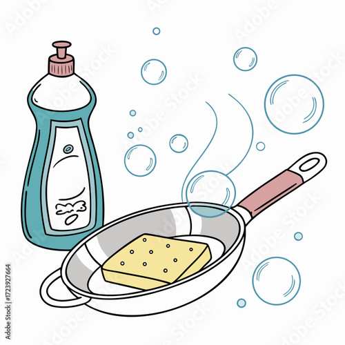 Illustration of dish soap bottle and sponge in a frying pan with bubbles for cleaning dishes