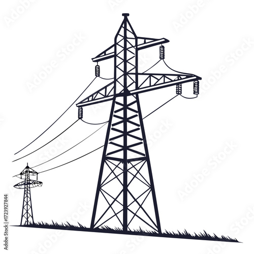Silhouette of a large electricity pylon with power lines stretching across a white background