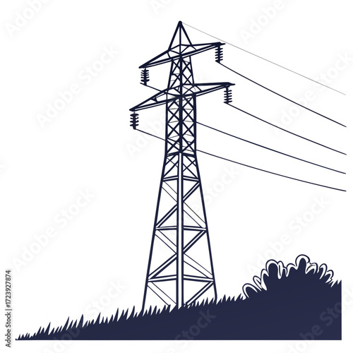 Silhouette of a tall electricity pylon with power lines against a white background and grassy foreground