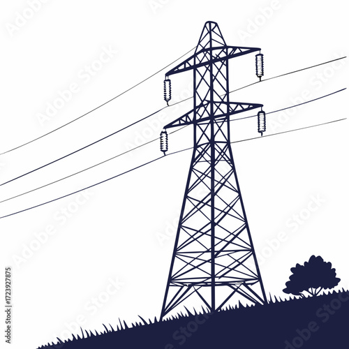 Silhouette of a tall electricity pylon with power lines stretching across a grassy landscape