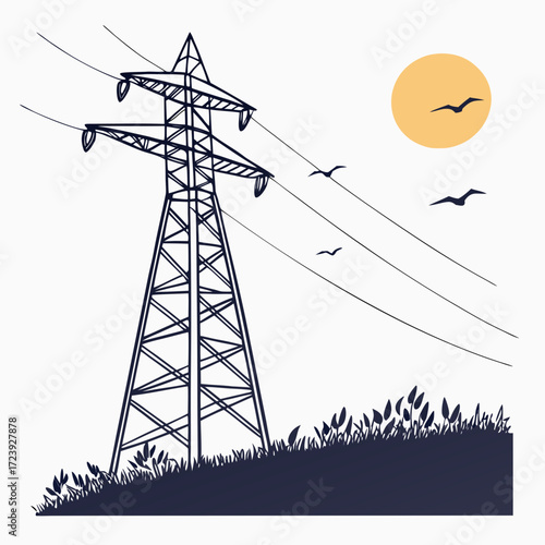 Silhouette of a tall electricity pylon with power lines stretching across a landscape with birds flying near the sun
