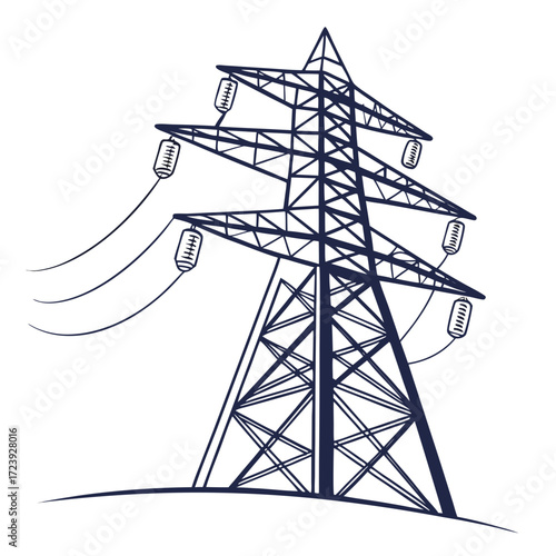 Stylized illustration of a dark blue power transmission tower with hanging insulators and wires on a white background
