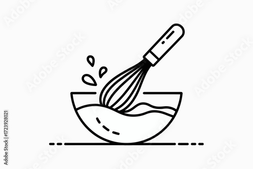 Whisk mixing liquid in a bowl with splashes, symbolizing preparation and creation.