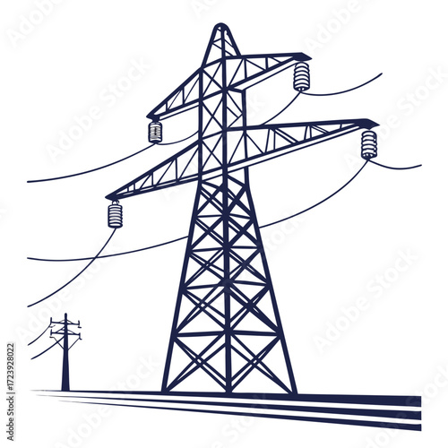Stylized illustration of a large electricity pylon with power lines against a white background