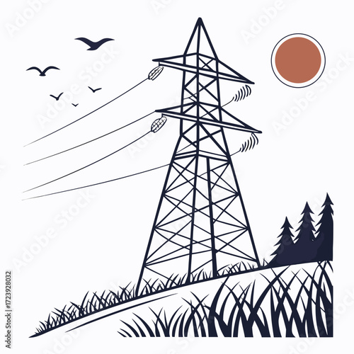Stylized illustration of a power pylon with birds flying and a sun in the sky