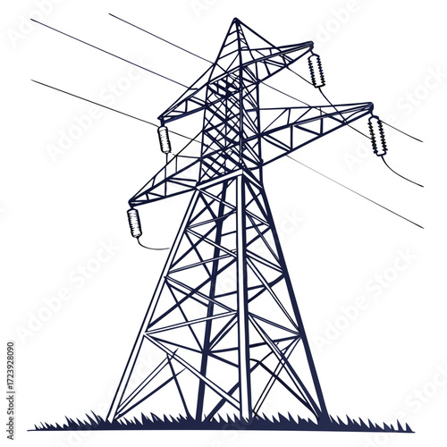 Stylized illustration of a tall electricity pylon with power lines against a white background