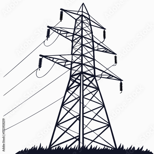 Tall industrial electricity pylon with power lines stretching across a white background with grass at the base