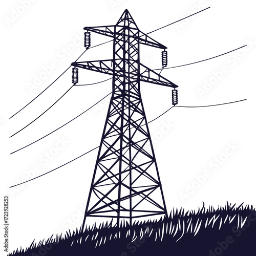 Stylized line drawing of a tall electricity pylon with power lines crossing a grassy field