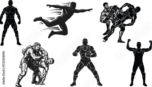 Wrestling and MMA fighter silhouettes, combat sport poses and action illustrations, vector illustration