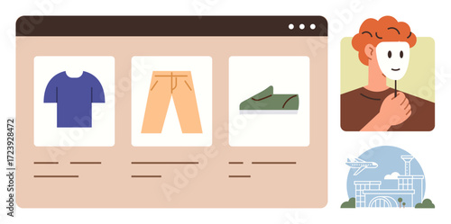 Clothing store webpage featuring shirt, pants, shoes side visuals of person holding mask, airport view. Ideal for e-commerce, travel, self-expression, technology, lifestyle identity simplicity