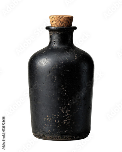 Matte black apothecary bottle with cork and tapered neck, isolated on transparent background.

