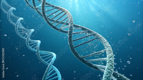 A closeup view of a dna double helix structure under water