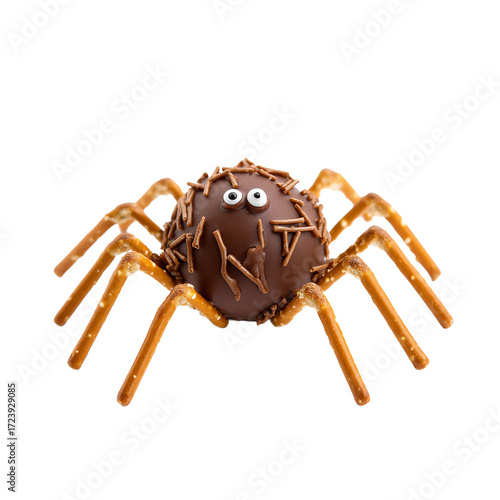 A cut-out whimsical spider made with a chocolate ball and pretzel, set against a transparent background. A creative Halloween treat.