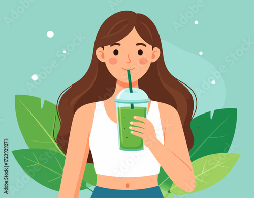 An illustration of a happy woman in athletic wear enjoying a healthy green smoothie. The image promotes wellness, healthy eating, and a refreshing lifestyle.