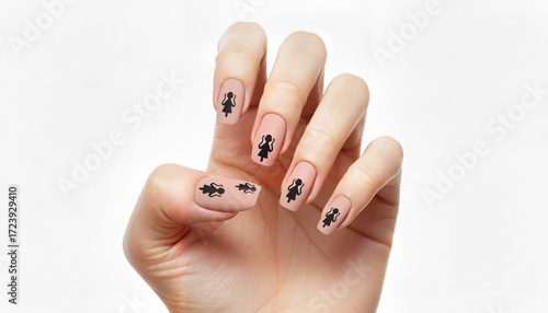 Elegant female hand with stylish black nail art on neutral background  