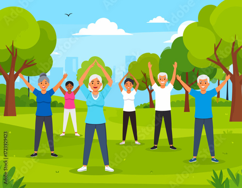 A diverse group of senior adults and a young instructor engage in an active outdoor workout in a sunny park. The illustration promotes a healthy and happy lifestyle for elderly people.