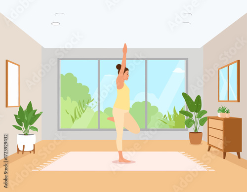 A serene illustration of a woman practicing yoga in a tranquil room, performing a tree pose. The scene conveys a sense of calm, balance, and the benefits of home wellness activities.