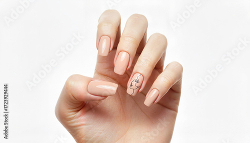 Woman's hand with nude nail polish and artistic design on ring finger  