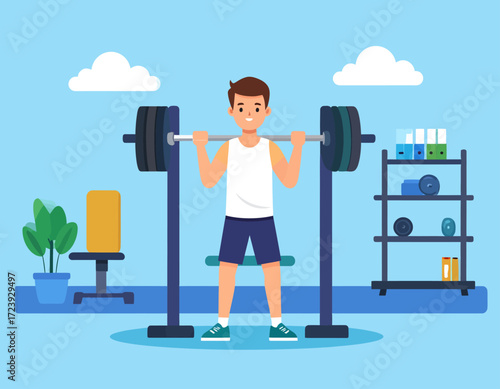 An illustration of a young man performing squats with a barbell at the gym, symbolizing strength training, fitness, and a healthy lifestyle.