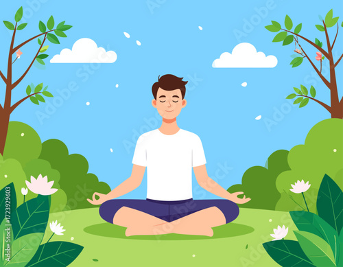 A peaceful illustration of a man meditating in a lotus position in a forest or park, surrounded by trees and a river, symbolizing mindfulness, tranquility, and a connection with nature.