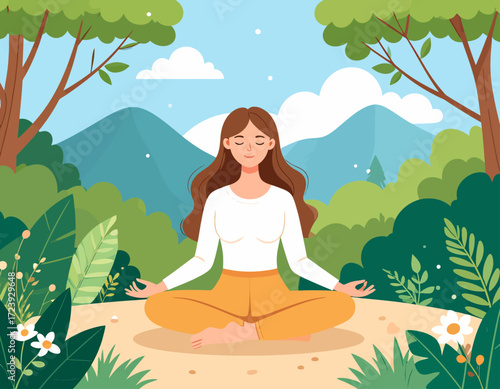 A peaceful illustration of a woman meditating in a lotus position in a forest or park, surrounded by trees and mountains, symbolizing mindfulness, tranquility, and a connection with nature.