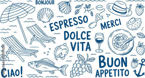 Doodle illustration of beach vacation with food and greetings in different languages on white background