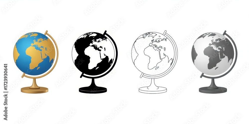 Obraz premium Four globe illustrations showing different styles and color schemes on a white background on transparent background
