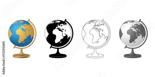 Four globe illustrations showing different styles and color schemes on a white background on transparent background