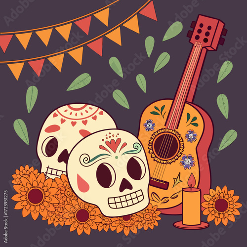 Illustration of a day of the dead celebration with sugar skulls, guitar, candle, and flowers, with a dark purple background and colorful bunting flags, perfect for posters, cards, and invitations