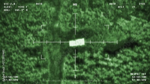Scanning Territory And Taking Aim With Infrared Camera In Modern Military Interface. Infrared Camera To Detect Aim. Army Forces Use Infrared Camera To Shoot Enemy's Vehicle. Destroying Weapon.
