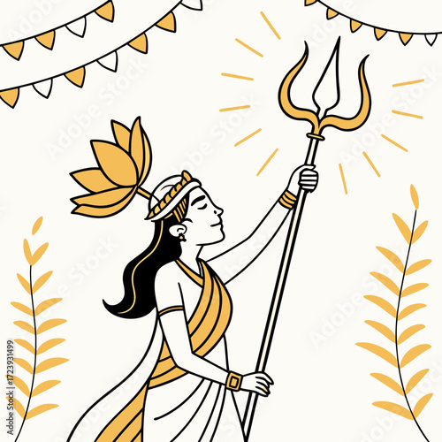 Illustration of a serene goddess holding a trident, adorned with a lotus flower and traditional indian attire, standing against a with festive decorations