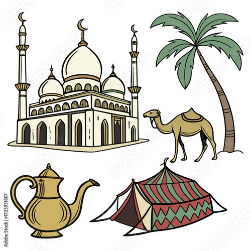 Illustration of middle eastern culture featuring a mosque, camel, tent, and teapot, set against a, showcasing architecture, desert life, and traditional elements