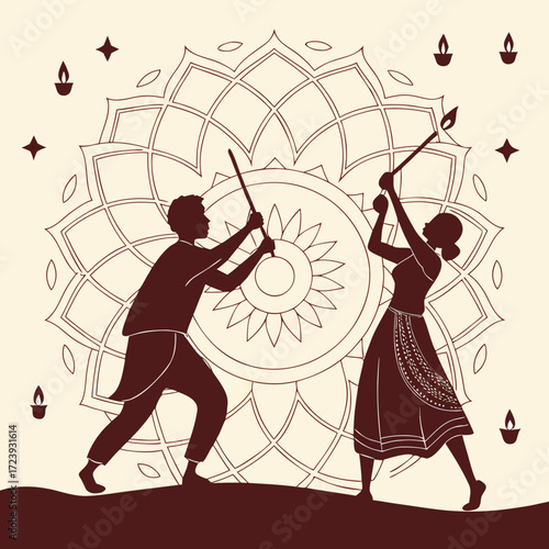 Vector art of a captivating dandiya dance illustration featuring a man and woman in traditional attire, performing with sticks against a backdrop of a beautiful mandala and decorative diyas