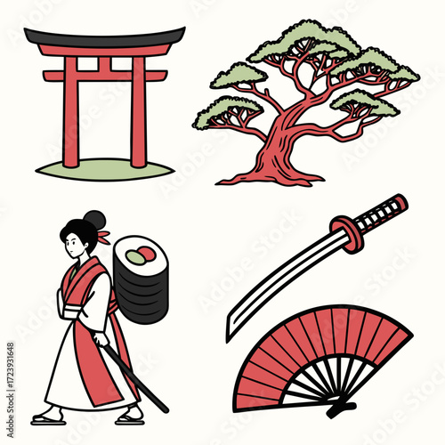 Vector art of a collection of japanese cultural icons, including a geisha with sushi, a torii gate, a bonsai tree, a katana, and a fan, representing the rich traditions and artistry of japan