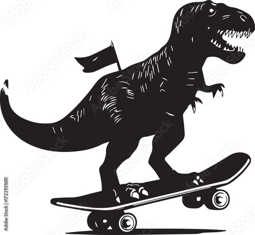 Vector art of tyrannosaurus rex riding a skateboard in black ink style