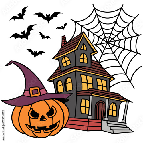 Vector art of cartoon illustration of a spooky haunted house with a jackolantern wearing a witch hat, bats flying around, and a spiderweb, creating a halloween scene