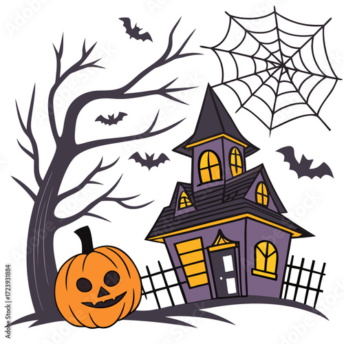 Vector art of cartoon illustration of a haunted house with a spooky pumpkin, bats flying around, and a spiderweb, creating a halloween scene