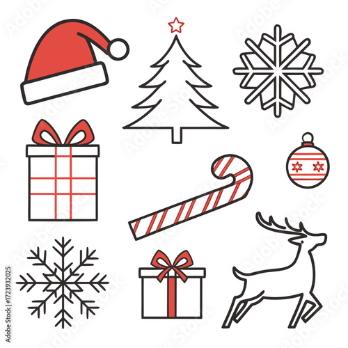 Vector art of festive christmas icons featuring a santa hat, christmas tree, snowflake, gift boxes, candy cane, christmas ball, and reindeer, perfect for holidaythemed designs and decorations