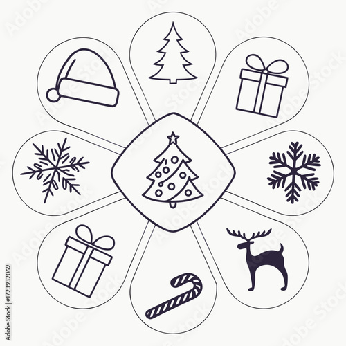 Vector art of festive vector illustration featuring christmas icons, including a santa hat, christmas tree, gift, snowflake, reindeer, and candy cane, ideal for holidaythemed designs and decorations