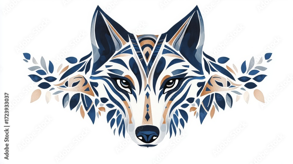 Fototapeta premium A beautifully illustrated wolf head adorned with leaves, showcasing nature's wild elegance.