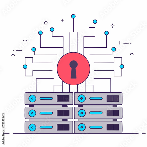 Digital security concept with a red padlock and keyhole symbol integrated into a network of servers and circuits, representing data protection and cybersecurity