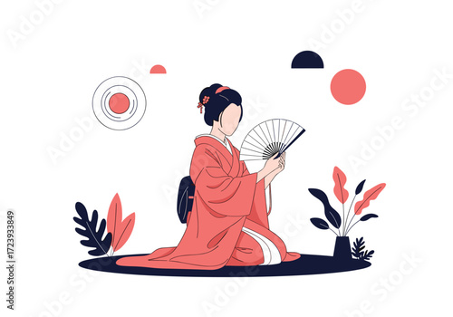 An elegant woman in a traditional kimono holding a fan. 