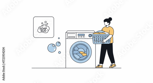 Man and woman doing laundry with washing machine in kitchen vector icon