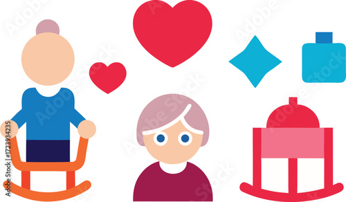 Grandparents day icons collection featuring rocking chairs hearts and generational love vector art vector
