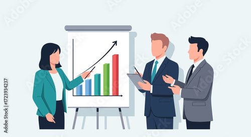 Business team presenting growth chart and financial success in office vector illustration