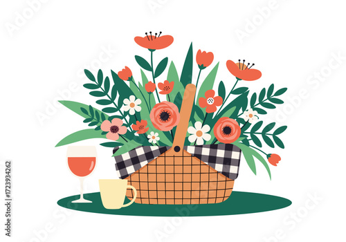 A beautiful picnic basket brimming with colorful flowers and a refreshing drink.