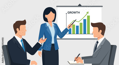 Business team viewing a finance chart showing market growth and profit success in an office presentation