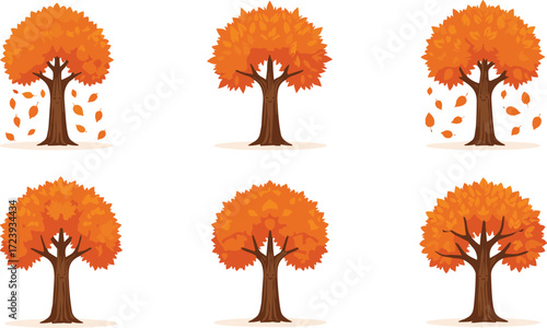 Beautiful autumn season illustration of orange fall trees with leaves falling, seasonal nature landscape vector design isolated on white background.