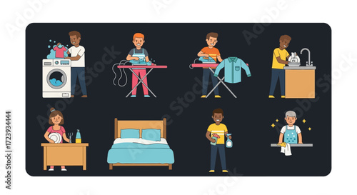 A vector illustration set of diverse people icons and business team symbols depicts various figures, including a doctor, worker, and children