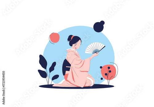 A woman in a kimono holding a fan.